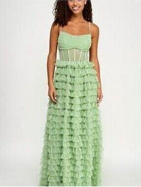 Light Green Ruffle Tulle Maxi Dress